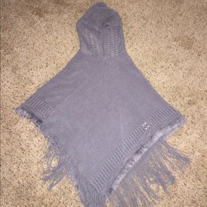 Asymmetrical Fringe Sweater Poncho with Hood